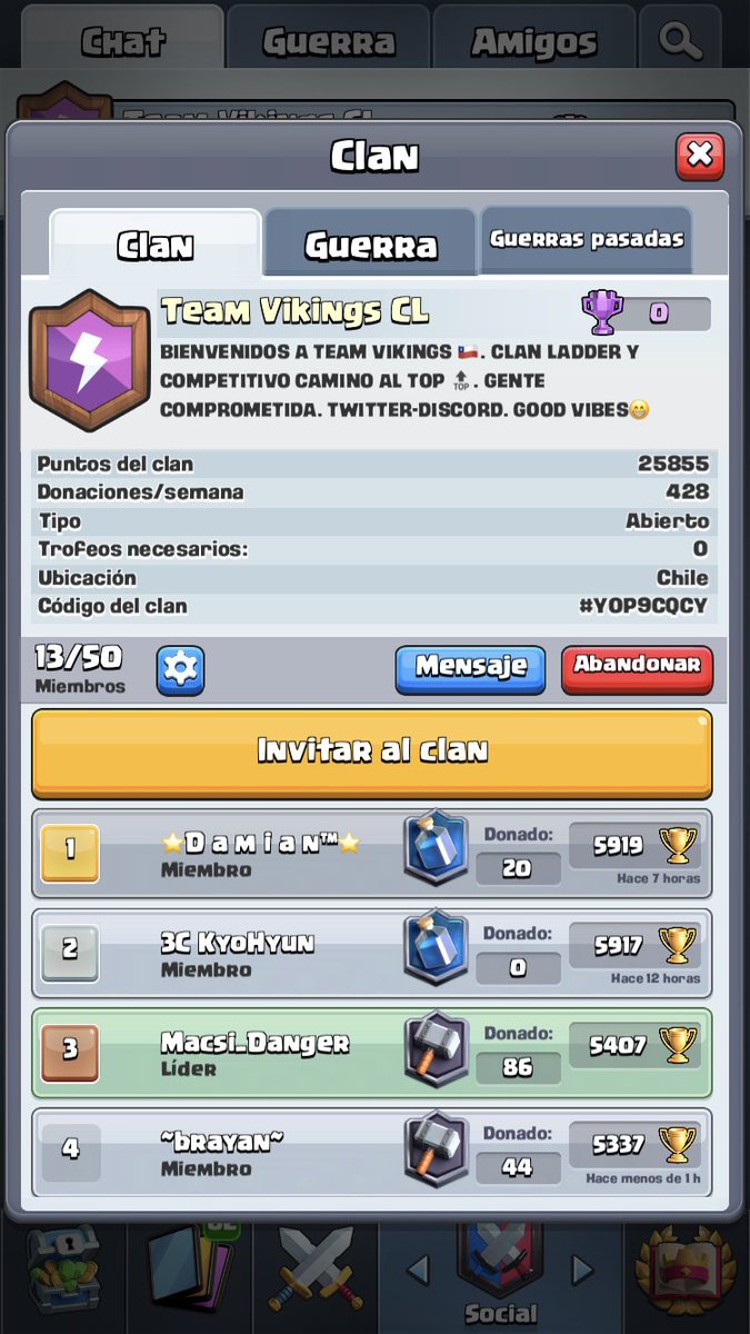 Se buscan jugadores de clash royale, interesado en participar en equipo competitivo y ladder para <a href="/TeamVikingsCHL/">Team Vikings Chile</a> . Clan en crecimiento con grandes objetivos