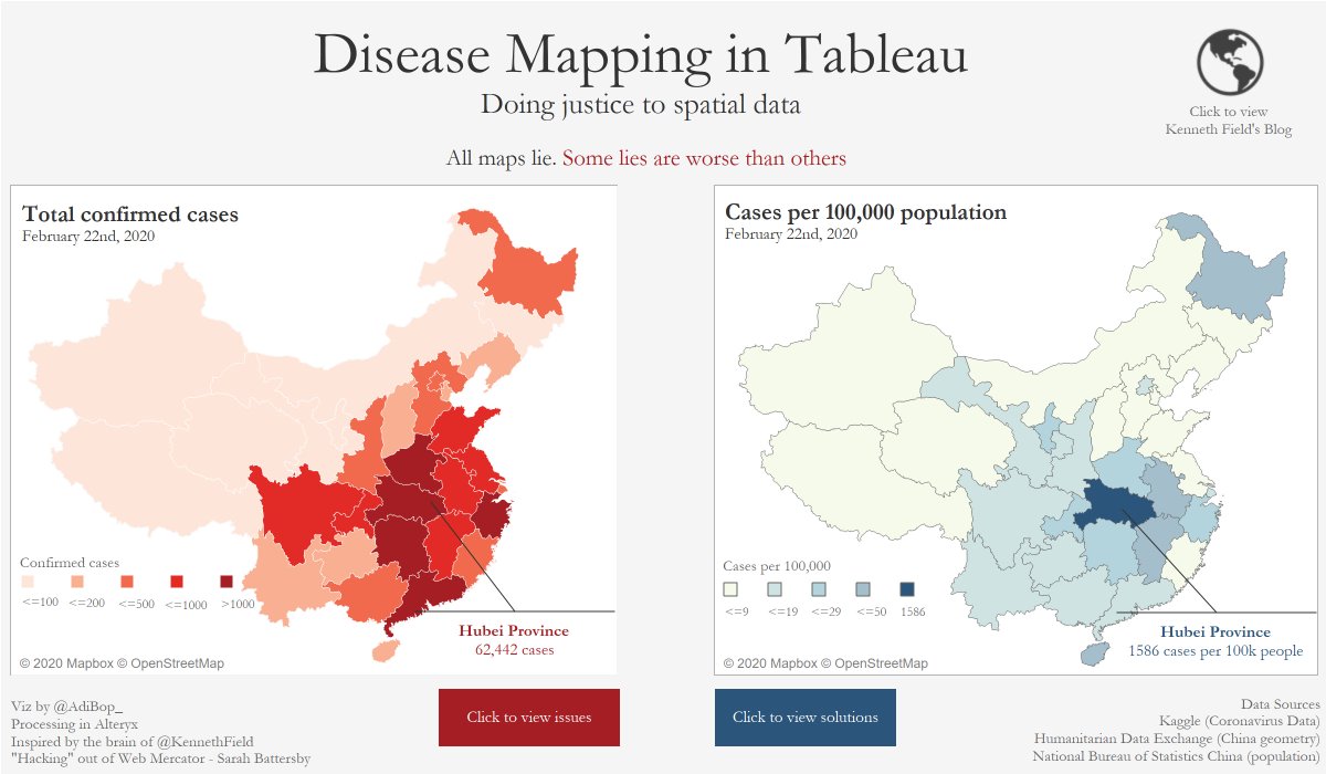 Things to do when mapping coronavirus via thematic choropleth:
 - rates correct for population not raw numbers
 - appropriate "breaks" for colour palette
 - stay away from reds
 - use an equal area projection. 
I've used Albers in this #tableau #map
public.tableau.com/views/DiseaseM…