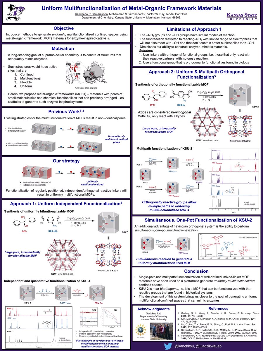kanchksu's tweet photo. Super excited for my first Twitter poster 😊 #RSCPoster2020 #RSCMat #RSCPoster @SupraMolChem @TendaiGadzikwa @GadzikwaLab Check out for the very first example of a covalent-synthetic modification of MOF materials https://t.co/Zqx2JkQCzF