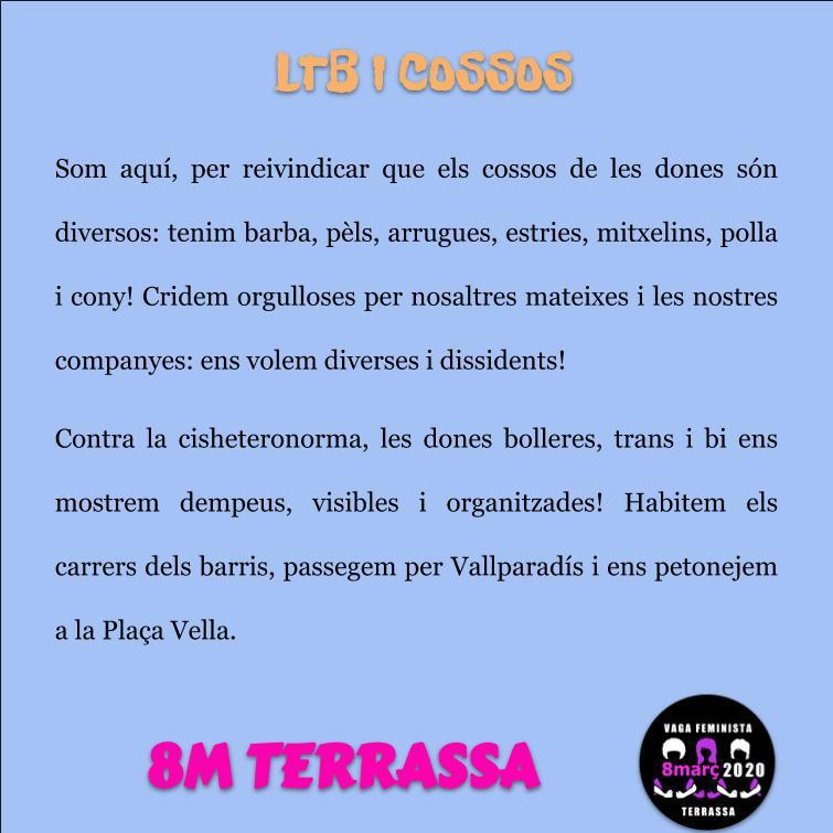 lacoorditrs's tweet photo. Des del comitè Lluitem per la llibertat i diversitat de cossos i sexualitats. Perquè #TotxsSomDiversxs us animem a llegir el manifest en relació a l’eix d’avui dimarts. Caminem juntes cap al #8M 💪 https://t.co/mIvh7C63Lg