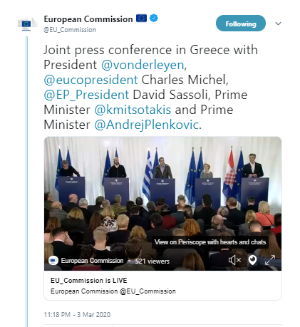  #LIVE  #NOW Press conference in  #Greece with the  @EU_Commission !  https://twitter.com/EU_Commission/status/1234830545588088832