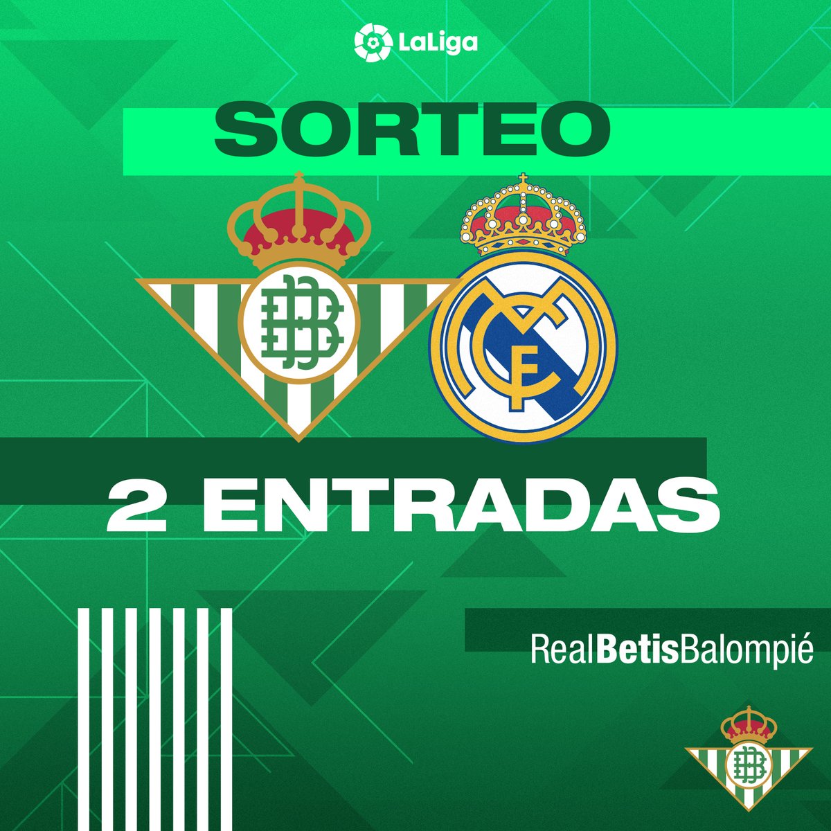 RealBetis's tweet image. ¡Sorteamos 2 entradas para el #RealBetisRealMadrid! 🏟🏃‍♂️🔮 ¡Participa haciendo RT! 🔃👍