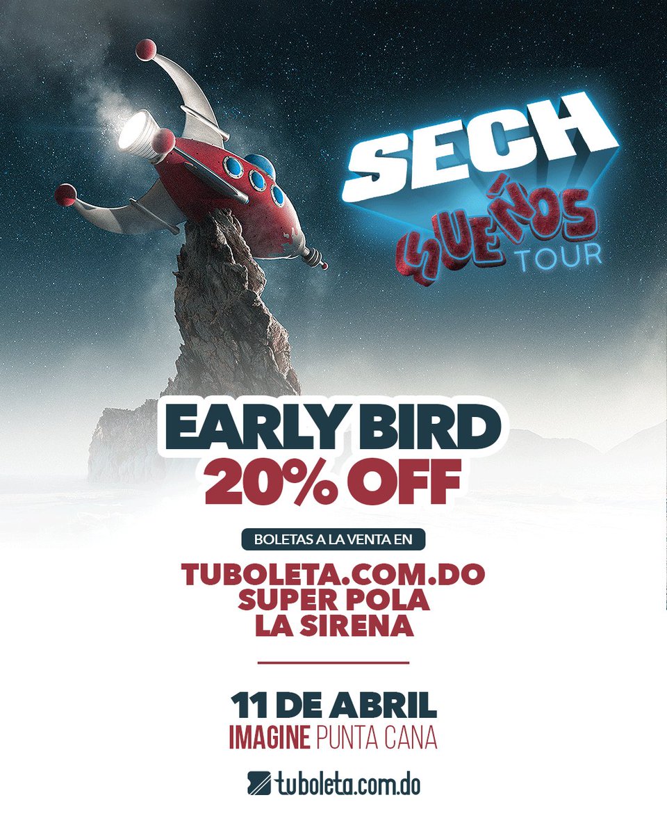 ImagineCave's tweet photo. Caption: No olviden el EARLY BIRD⚡ 20% OFF!🚀 Este 11 de Abril a gozar con el peluche 🐻  @sechmusic • 📍 Boletas a la venta por @tuboleta.com.do @superpolard &amp; @sirena #SS2020 #Sech #SueñosTour #Imaginecave https://t.co/EiYFH4eADk