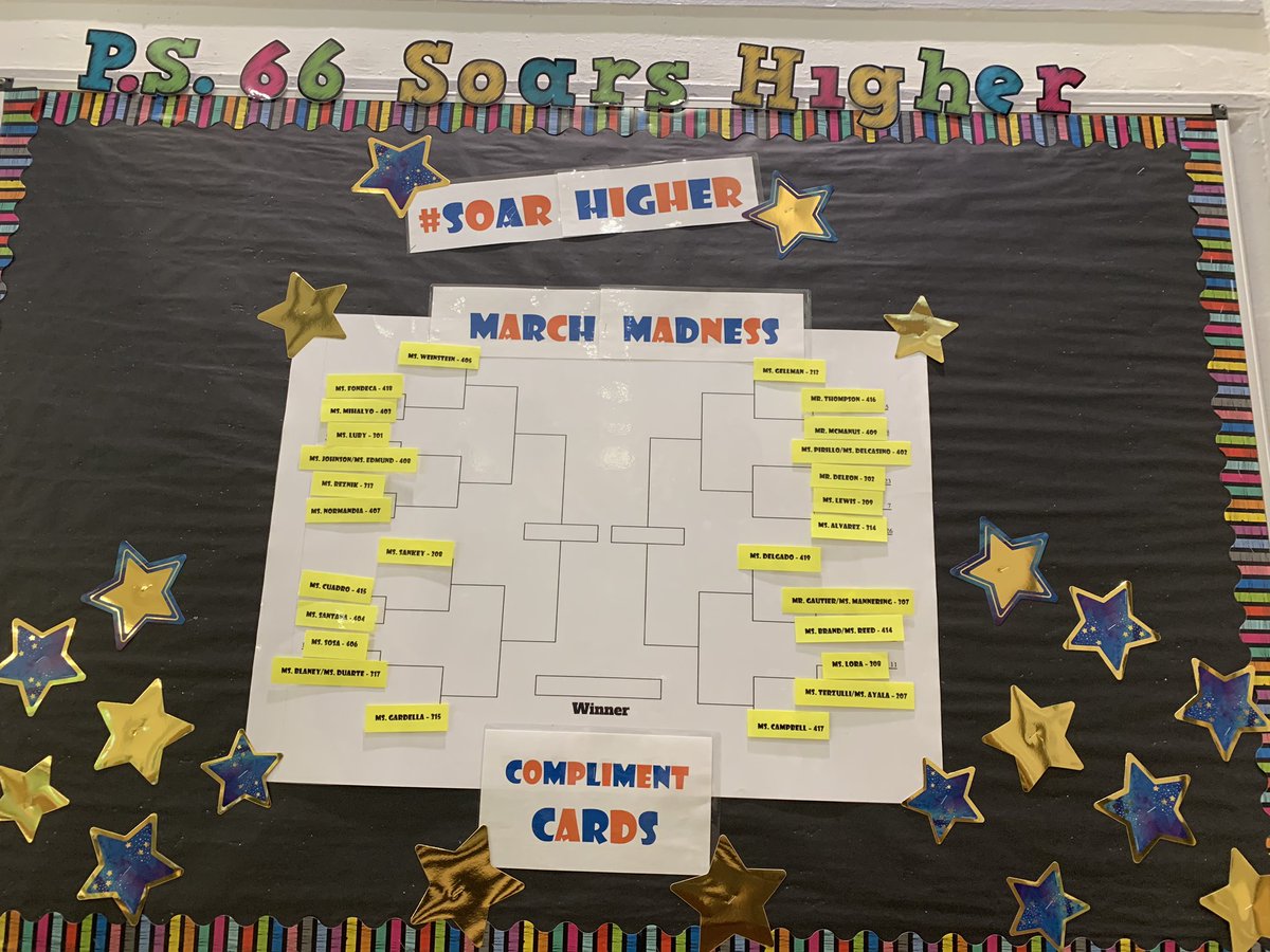 SPacuk's tweet photo. Getting into the #MarchMadness spirit @PS66BX with a Compliment Card bracket challenge. Looking forward to the friendly competition #pbis @D12SupRosado @UFTDistrict12 @jacquelinelomb2 https://t.co/UGNMIqH0Yr