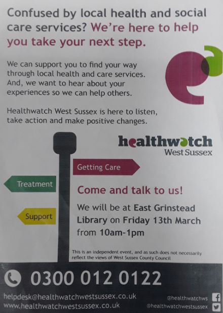 WSCCLibraries's tweet photo. Get FREE advice on navigating health and social care services in #WestSussex from @healthwatchws at #EastGrinsteadLibrary, Fri 13 March 10am-1pm. Drop-in session; contact the library for more info: https://t.co/fkkbE1az8D @CAWestSussex @AboutEG @ageukegandd @WHEGrinstead @egmums https://t.co/qRTgrKdGMX