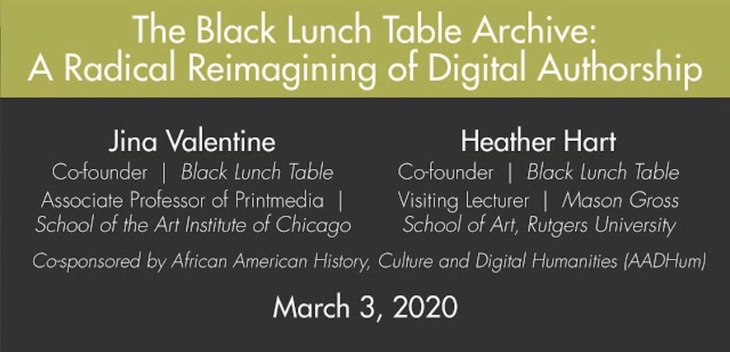 RISunshine's tweet photo. Join @UMD_MITH + @UMD_AADHum TODAY at 12:30 p.m. EST for a special co-sponsored @digdialog featuring Heather Hart + Jina Valentine (@fishantena), co-founders @BLACKLUNCHTABLE 📍 0301 Hornbake Library #UMD
Livestream: https://t.co/fjikGe0W2R | #AADHum #BlackDH #MITHDD https://t.co/anKbCrHnDS