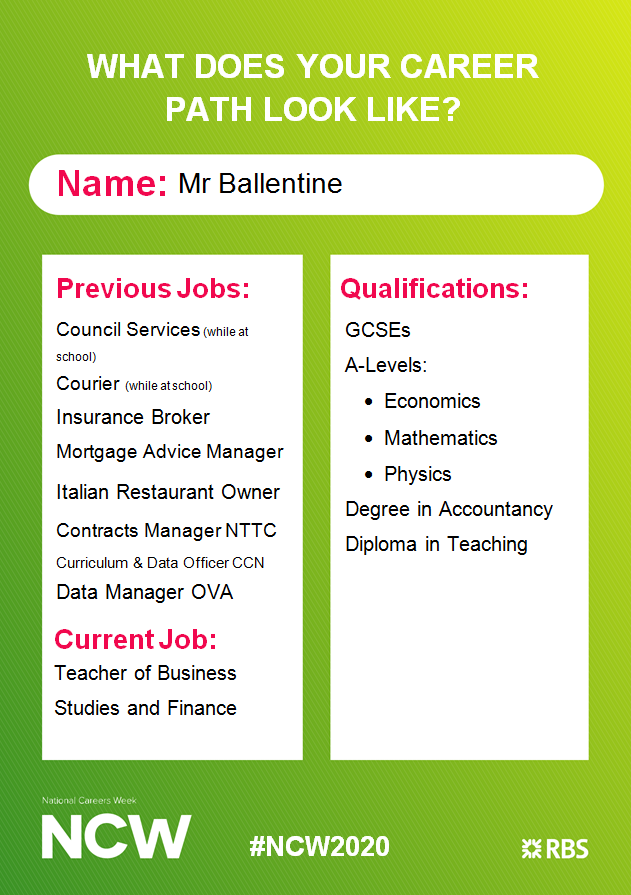 CareersVictory's tweet photo. #NCW2020 Where did Mr Ballentine's career path take him? #Teaching #FinancialServices #AccountancyDegree #Entrepreneur #DataManagement #Teaching @OVA_Business @VictoryAcad @CareersWeek https://t.co/XO2u7p1Gqm
