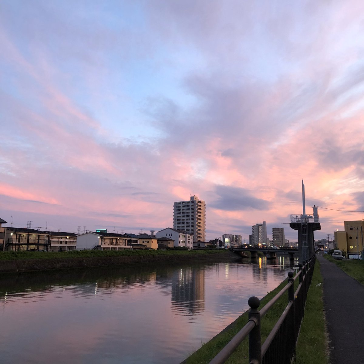 KnitSnow's tweet photo. Knit＆SNowの定期ツイート。今回は多賀城市の砂押川。
東北のピンクの夕焼けがとてもすきです。ハニーサックルが心地よく香る川沿い。
＃おいでよ宮城　＃夕焼け　＃行くぜ東北　＃ハニーサックル　＃地元楽しい
https://t.co/HTbNWD3Sg3