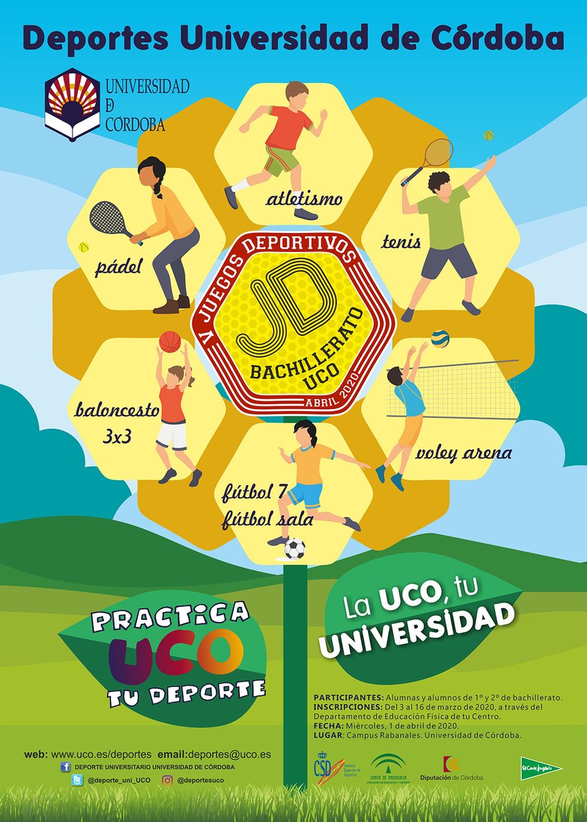 deporte_uni_UCO's tweet photo. Abierto hasta el lunes 16 plazo de inscripción para los V #JDBU Juegos Deportivos Bachillerato-UCO "La UCO, tu universidad" a celebrar el 1 de abril. Os dejamos el cartel. Inscripciones a través de departamentos de Educación Física de cada centro. + Info⬇️
https://t.co/1bLI5g4qAN https://t.co/lQlnFN8sdn