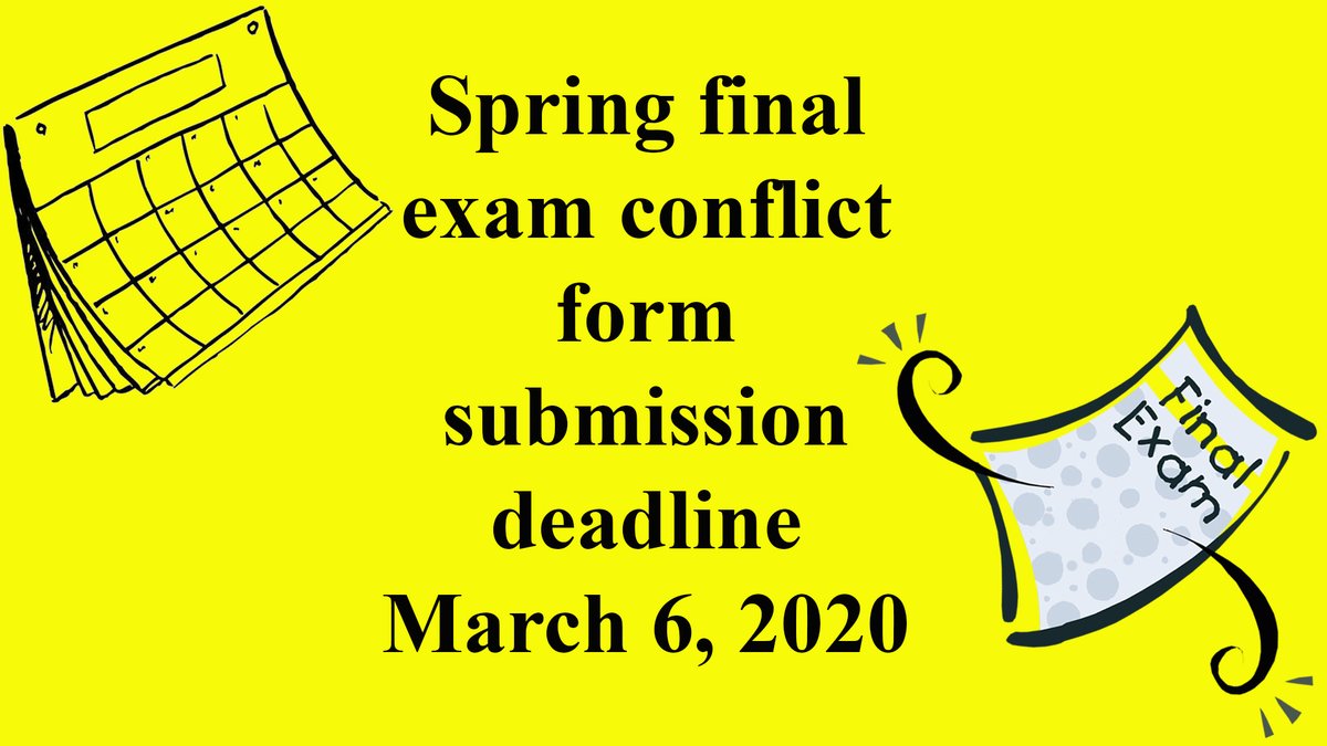 “Friday, March 6, 2020, is the last day to submit any conflicts you may have with the Spring Semester Final Exam Schedule. If you have a conflict with your finals, please fill out this form registrar.pitt.edu/assets/pdf/Fin…
