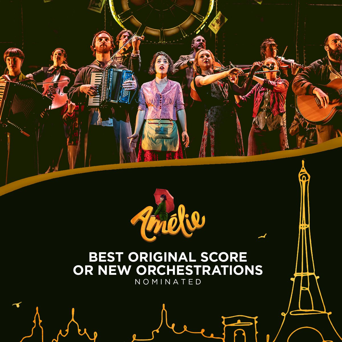 AmelieMusicalUK's tweet image. Our quirky little show has been nominated for 3️⃣ @OlivierAwards and we couldn’t be happier 🥰

🏆 BEST NEW MUSICAL 🎭
🏆 BEST ORIGINAL SCORE OR NEW ORCHESTRATIONS 🎶
🏆 BEST ACTRESS IN A MUSICAL 👩🏻

Thank you all for your love and support! 💛

#AmelieUK