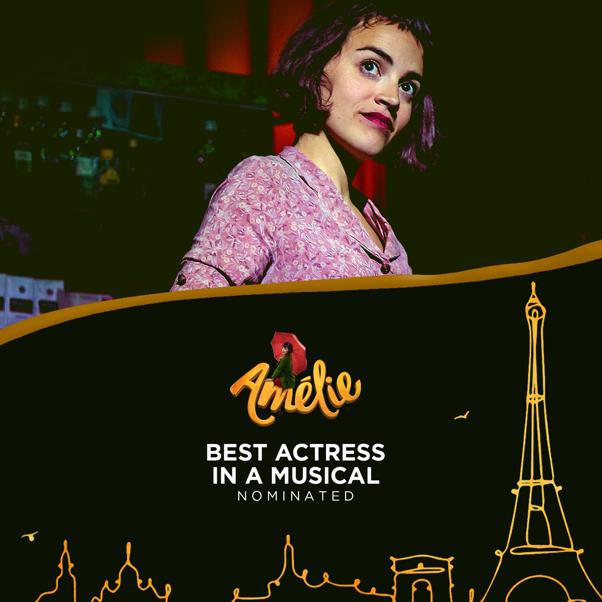 AmelieMusicalUK's tweet image. Our quirky little show has been nominated for 3️⃣ @OlivierAwards and we couldn’t be happier 🥰

🏆 BEST NEW MUSICAL 🎭
🏆 BEST ORIGINAL SCORE OR NEW ORCHESTRATIONS 🎶
🏆 BEST ACTRESS IN A MUSICAL 👩🏻

Thank you all for your love and support! 💛

#AmelieUK