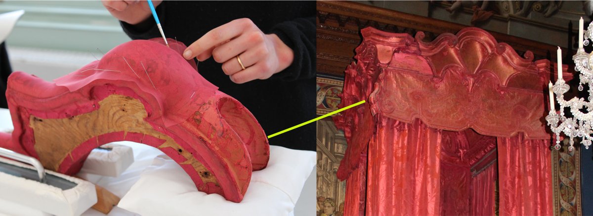 Did you know that a bed could have arms? #InOurStudioToday we are adding protection to the fragile silk that covers the valance arms, which extend from the tester frame to support the edges of the valances. <a href="/RCT/">Royal Collection Trust</a> #MendingTheBed #royaldamask  #textileconservation #textiletuesday