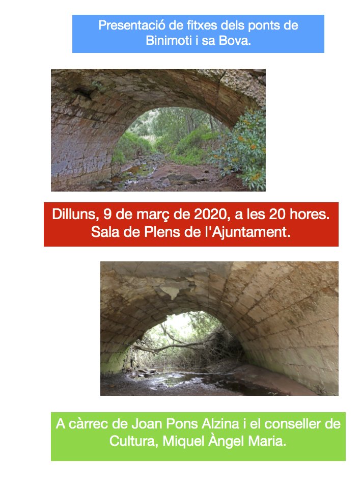 RECTIFICACIÓ: és per dilluns dia 9 de març
En Joan Pons Alzina ha fet un treball de recopilació d’informació històrica d’aquests 2 ponts que hi ha al Camí d’en Kane que passa per Ferreries, segur que xalarem escoltant les seves explicacions.