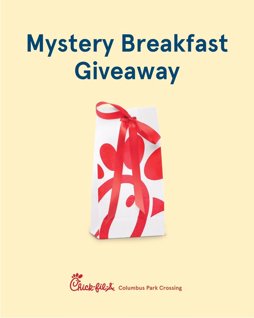 CFAatCPC's tweet photo. How about adding a little fun to your TODAY until 10:30 am...with a Mystery Breakfast*. Stop by and see us at Chick-fil-A Columbus Park Crossing to redeem a "mystery" free breakfast entree!

Yum! Spread the word. 

*Valid only at Chick-fil-A Columbus Park Crossing, March Tuesdays https://t.co/u6IoXdvPJ3