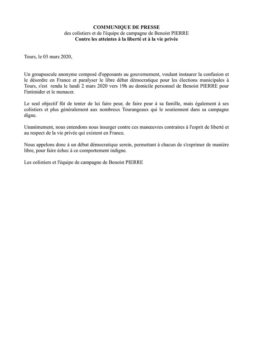 RenaissanceT37's tweet photo. Partout où l'extrémisme et la radicalisation politiques s'expriment, c'est la démocratie qui vacille.
⭕✒️ Communiqué de presse de @BenoistPierre1, après qu'un groupuscule anonyme ce soit rendu devant son domicile hier soir pour l'intimider et le menacer. ⤵️
#Tours #Tours2020 https://t.co/afeZxs90oJ