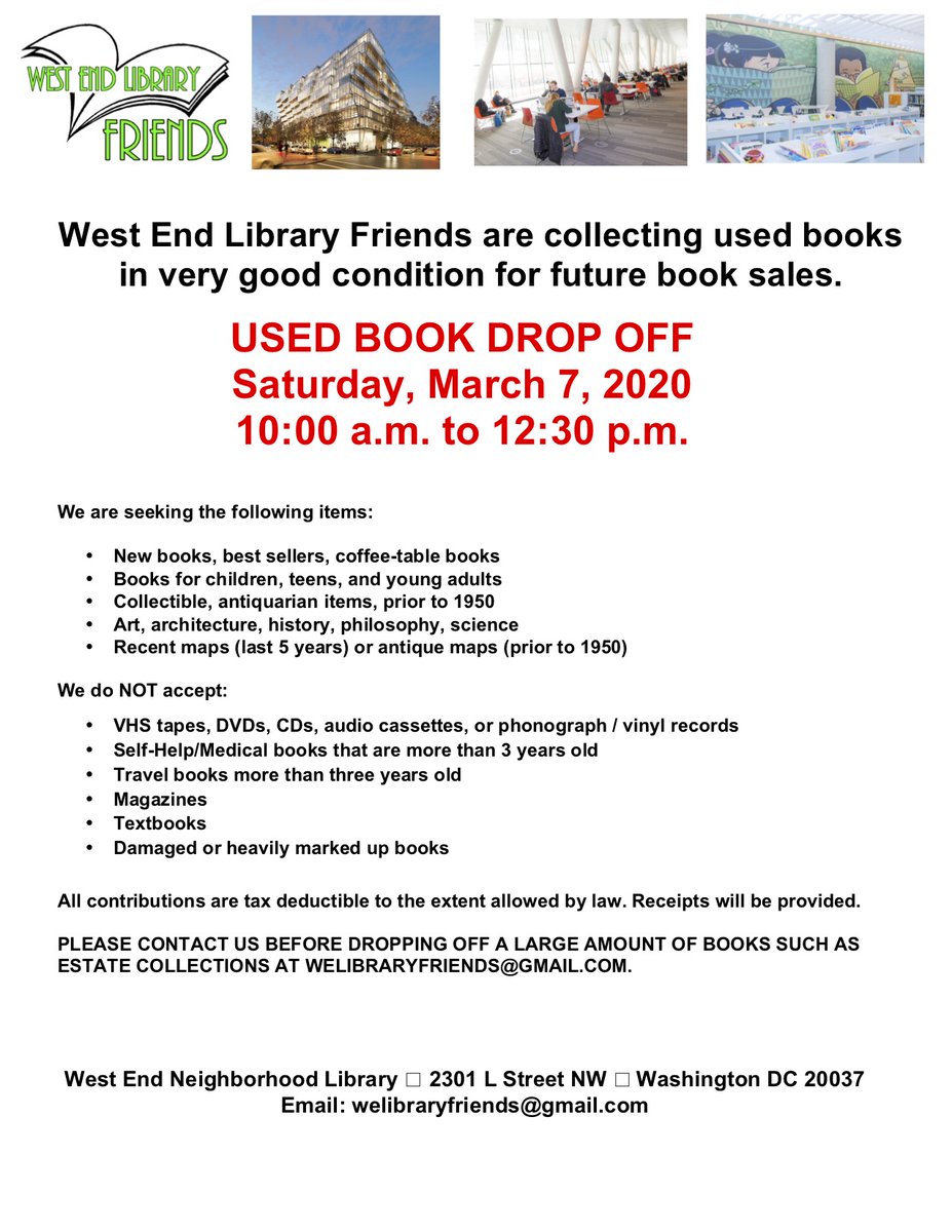 WestEndFriends's tweet photo. Can we talk?  It’s about those crowded bookshelves and boxes of books you’ve been meaning to sort. Why don’t you donate your used books in good condition to the West End Library Friends, 2301 L St NW, this Saturday March 7 from 10 am to 12:30 pm? Follow these guidelines. Thanks! https://t.co/heG8o75sVz