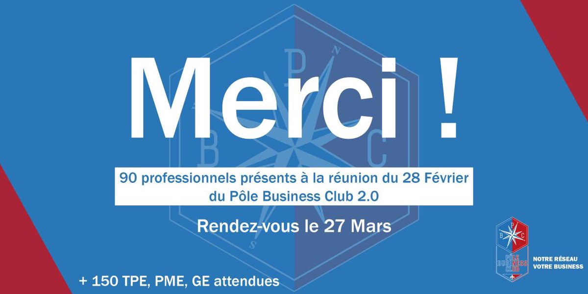 PoleBusiness's tweet photo. Ce Vendredi 28 Février,90 professionnels étaient présents pour la réunion du #PôleBusinessClub 2.0 !
Un grand merci à vous tous pour votre présence et pour vos retours  !
📅 Nous vous donnons rendez-vous le 27 Mars pour notre prochaine réunion.
L'équipe du Pôle Business Club 🔵🔴 https://t.co/8vowmwwt5N