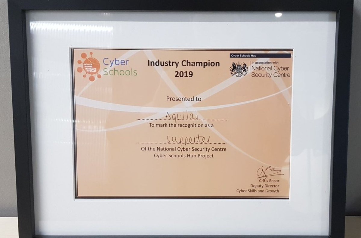 AquilaiCyber's tweet image. Aquilai is very pleased to be recognised as a supporter of @NCSC Cyber School Hub Project. Delighted that we can provide a place for a student for work experience week in April. #CyberSchoolsHub and #CyberFirstSchools #Hub8