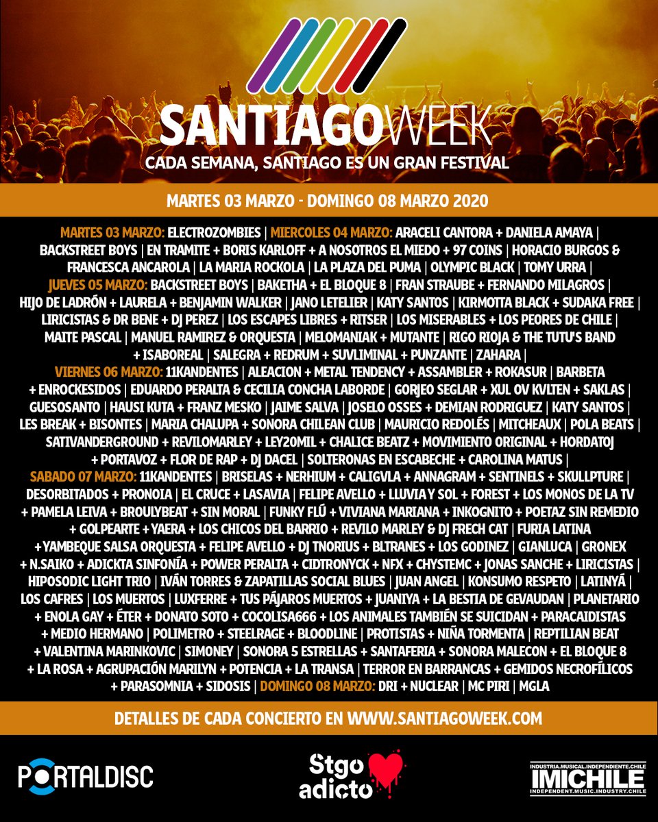 stgo_week's tweet photo. Comienza una nueva semana en SantiagoWeek! 📣🎶
•
Revisa la cartelera completa en nuestra web (en bio) 👀
•
"¡Cada semana Santiago es un gran Festival!" 🎉
•
#musicachilena #musicaenvivo #envivo #santiagoweek
#cartelerasemanal #agendamusical #semana #santiago https://t.co/XPTTc5rXLR