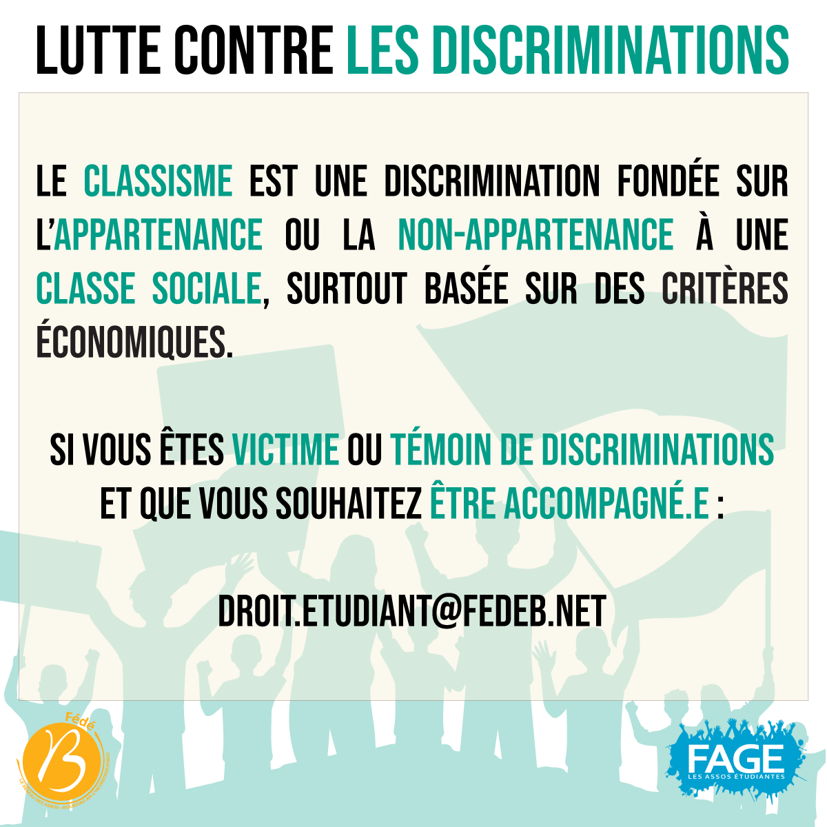 #NosDroits 

Le réseau de la Fédé B et de <a href="/La_FAGE/">FAGE</a> se mobilise pendant tout le mois de mars en faveur des #droits des jeunes et de la lutte contre les #discriminations 💥

Si vous avez être victime ou témoin de discriminations : droit.etudiant@fedeb.net
