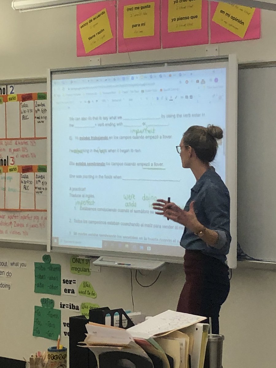 APMrMoran's tweet photo. Here in #MrsYaegers class, students are working on imperfect tense. Students sit in groups of three for this activity, but the teacher is ready to group them in various ways using Kagan structures. https://t.co/KD6oC8WALw