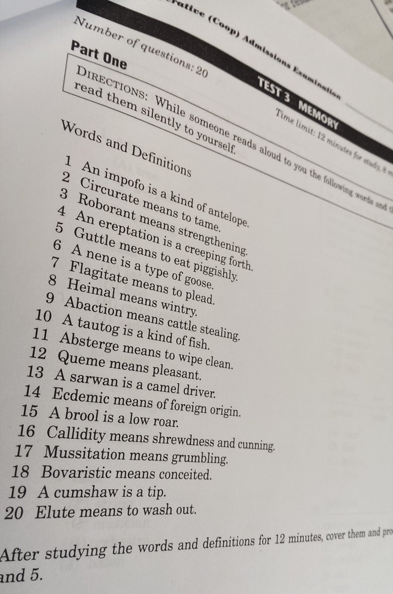 akilbello's tweet photo. The COOP exam, used by Catholic schools before the switched to the HSPT or TACHS. It had a memory section. You read definitions of obscure words, did a math section for 30 mins, then had to select the right definition.
#Testing #NotScience #NotIntelligence https://t.co/0iqjzVpOC0