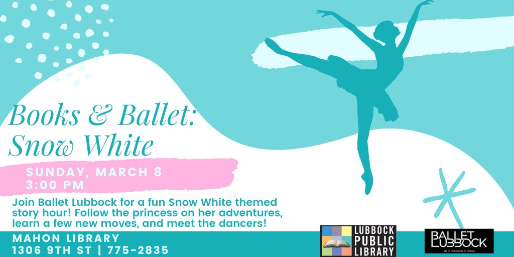 Meet the cast of <a href="/BalletLubbock/">Ballet Lubbock</a>'s Snow White at this fun Books &amp; Ballet storytime! 

Sunday, March 8 
3:00 PM
Mahon Library