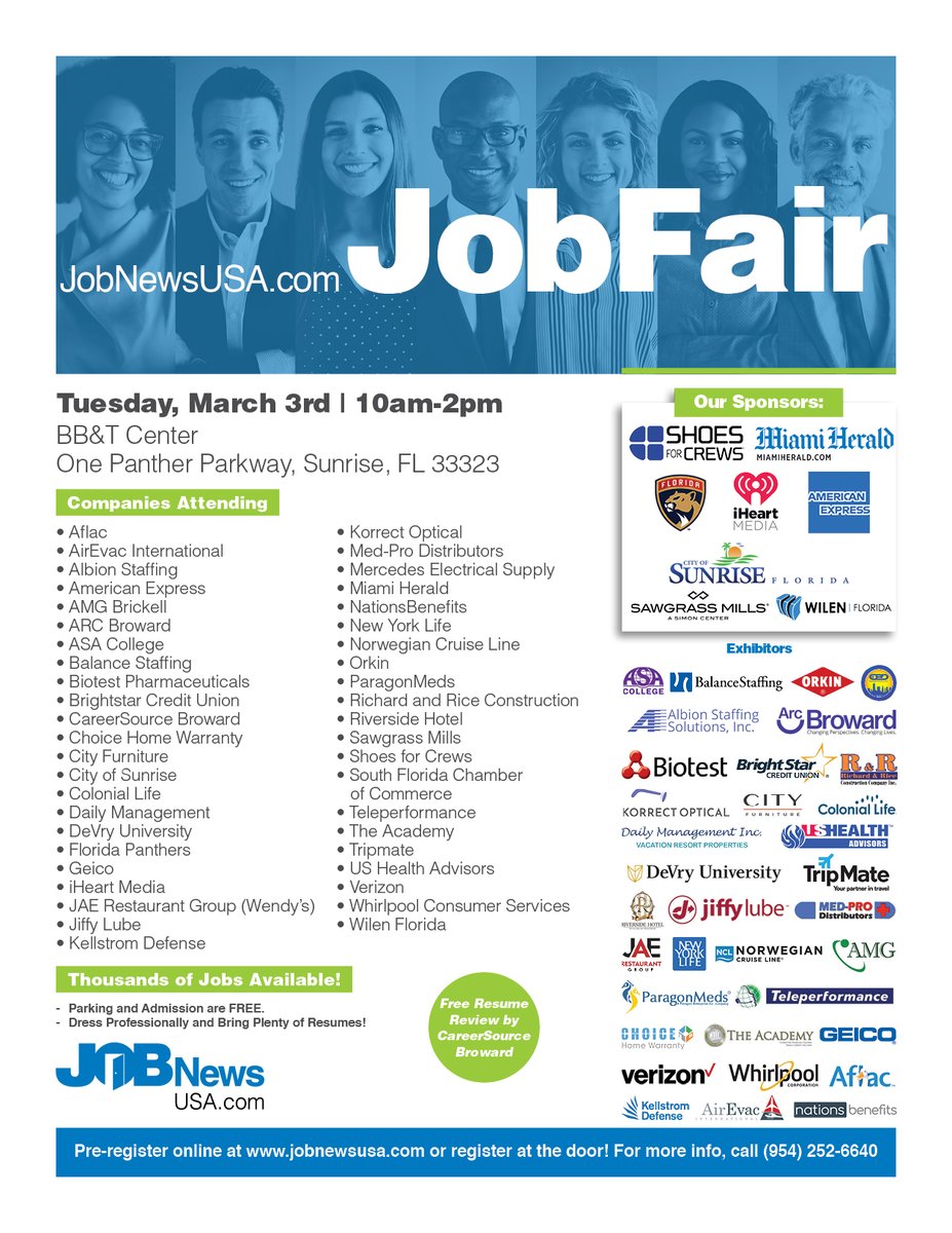 JWorksMiami's tweet photo. JOB Fair! 
Tue, March 3, 2020
10:00 AM – 2:00 PM EST
Location: BB&amp;T Center
1 Panther Pkwy
Sunrise, FL 33323 https://t.co/mgsjsS3qge