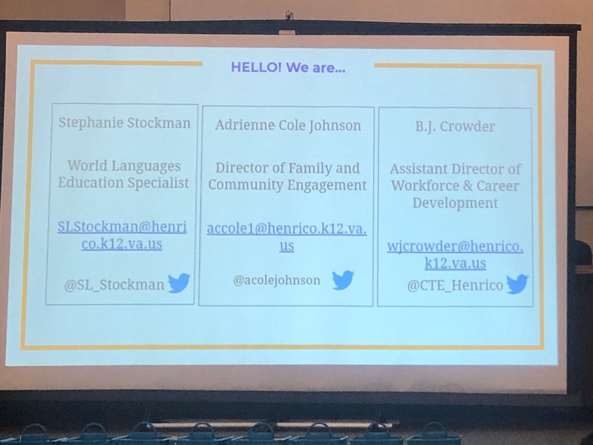 AThompson_HCPS's tweet photo. Join #HCPSpll and follow our newer leaders and presenters for our Aspiring Leaders in @CTE_Henrico , Family & Community Relations @acolejohnson , & World Language Specialist @SL_Stockman - thank you for sharing today!! https://t.co/7QDhmVs6aJ
