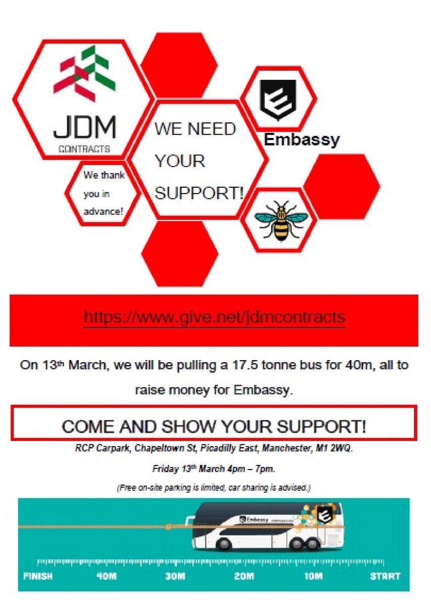 Dave Irving, George Illie, Ionut Anghelachi and Phil Hamnet has volunteered for the EMBASSY BUS PULL to raise money for the Homeless, reconnecting and providing support in the process. 

DONATIONS/INFO- ow.ly/pFOY50yBwoZ

#EmbassyBus #homelessness #donate #Manchester #UK