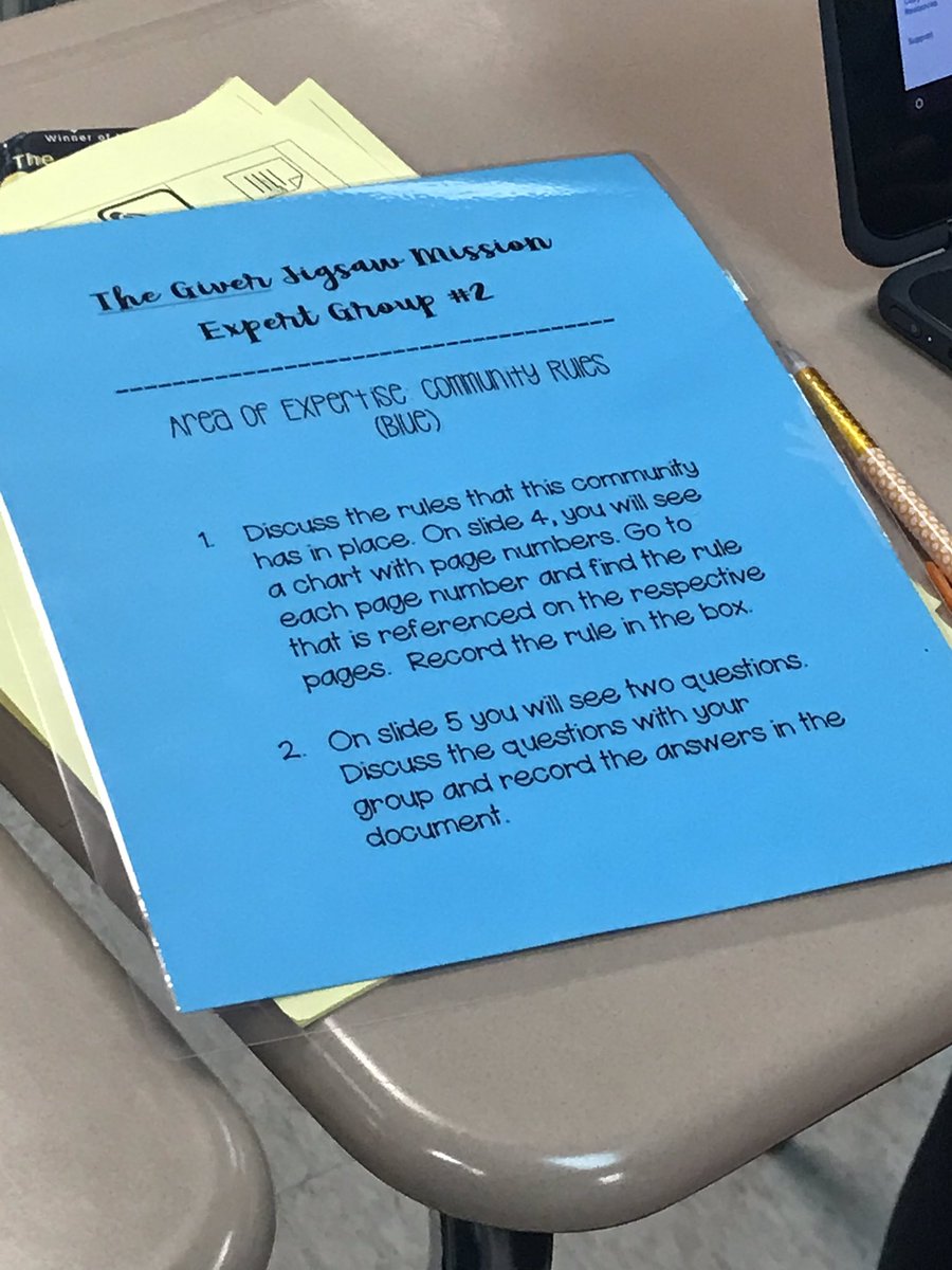 TODAY 7th graders are jigsawing to review the first three chapters of The Giver! Phase 1: Become experts on their assigned topic. Phase 2: Each student will share their expertise with their master group. Phase 3: Compete for glory and honor in a game! <a href="/kerinteach/">Kerin Steigerwalt</a> <a href="/SpringhouseMS/">Springhouse MS</a>
