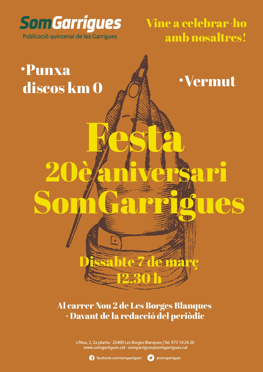 somgarrigues's tweet photo. Avui fa 20 anys que va sortir el número 1 de SomGarrigues! 
Ho celebrarem aquest dissabte, a les Borges Blanques, davant la seu de la redacció. Ens hi acompanyareu? https://t.co/Be7NorCdk7