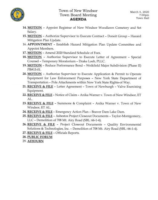 Below is the Town Board Agenda for tomorrow evening, March 4th. The meeting will be held at 7pm in the courtroom at town hall and we'll also be live streaming it on our Facebook page.
