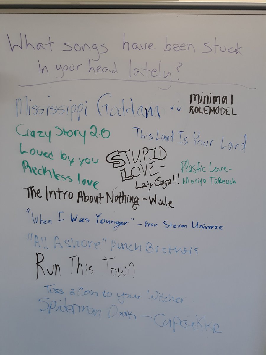 ParsonsMusLib's tweet photo. Take a look at people's responses to last week's #whiteboard question: "What songs have been stuck in your head lately?" and make sure to stop by the library to weigh in on this week's question! #musiclibrary #music #whiteboardquestions #librarylife #earworms 🎼 https://t.co/qRaBIV3eyn