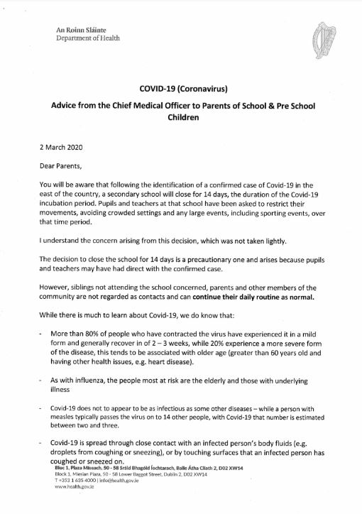 CDaibheid's tweet photo. Seo é an litir is déanaí atá tagtha chuig an scoil maidir leis an coróinvíreas. Arís níl aon nasc díreach leis an scoil ach táimid ag tógaint gach réamchúram gur féidir. https://t.co/14q5ixLvQQ