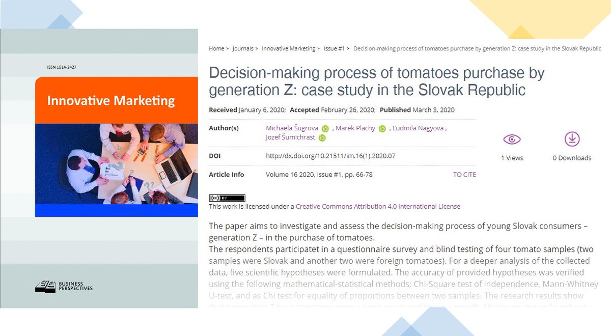 IM_journal_BP's tweet image. 📈lnkd.in/eggaQ3m
➡Decision-making process of #tomatoes purchase by generation Z: case study in the Slovak Republic
👥Michaela Šugrova, Marek Plachy, Ľudmila Nagyova,
Jozef Šumichrast 
#blindtesting, #consumerbehavior, #consumerspreferences, #countryoforigin