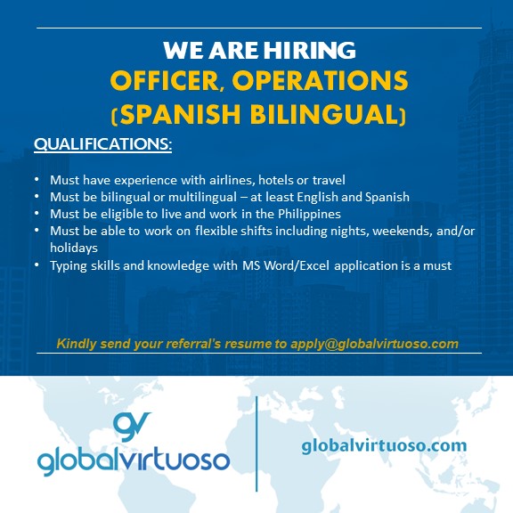 <a href="/globalvirtuoso/">Global Virtuoso</a> is recruiting for a bilingual Operations Officer to work within our team.

You'll need to have experience of working in the airline, hotel or travel industry.

To apply to join our team of Virtuosos, please send your resume to:

apply@globalvirtuoso.com

#career