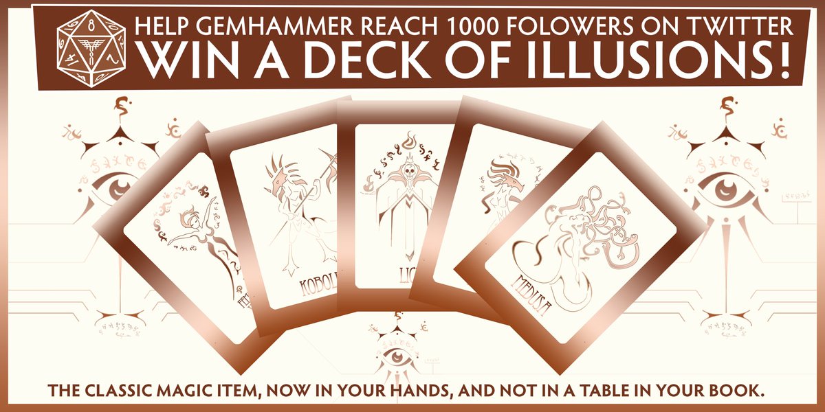 GemhammerGaming's tweet photo. Help Gemhammer reach more wonderful internet people than ever before. For every 50 new #followers we’ll give away another #deckofillusions. Like, follow and share to enter, winners will be announced 3/10/2020.
#gemhammer #contest #giveaway #followers #dnd #pathfinder #follow https://t.co/XQyLjr58Mz