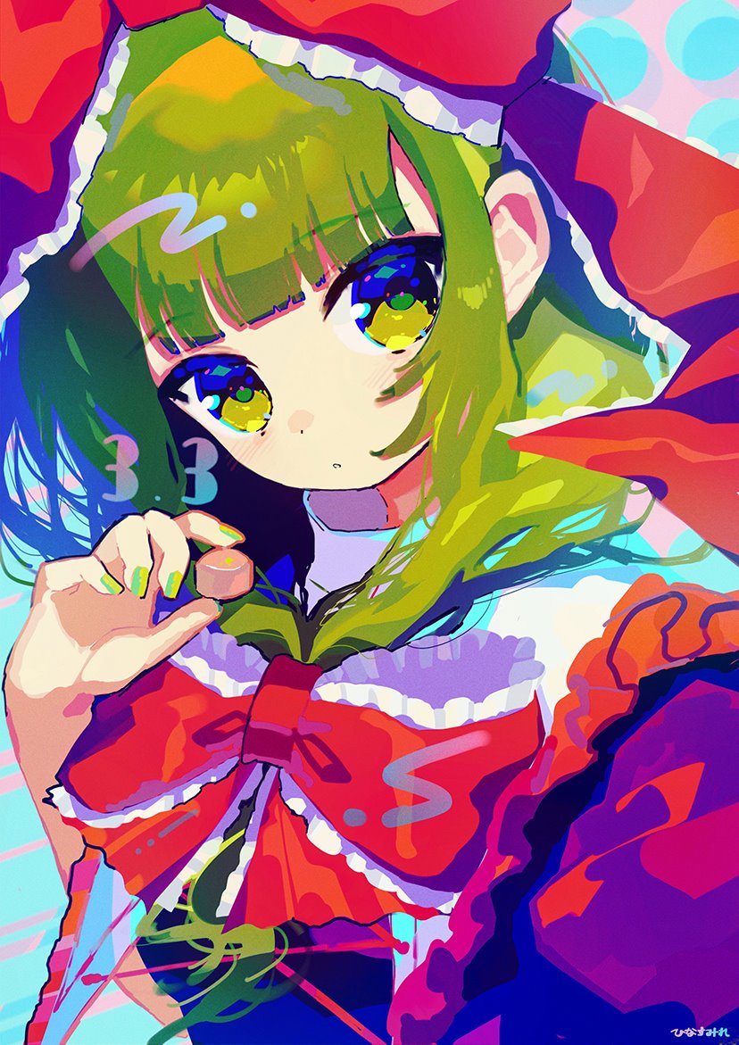 kagiyama hina 1girl solo green hair green eyes green nails bow front ponytail  illustration images