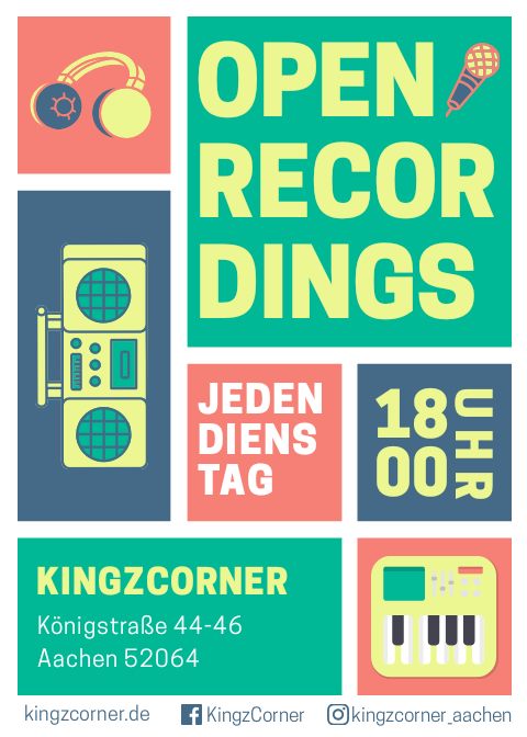 🎙️OPEN RECORDINGS🎙️
Producen, Aufnehmen, Connecten. 
Jeden Dienstag von 18 - 22 Uhr findet im KingzCorner Open Recordings statt. Komm kostenlos vorbei, wenn du Bock hast dich am Mic auszuprobieren, andere Hip Hop affine Leute zu treffen oder Beats zu producen.
#Aachen #rapAachen
