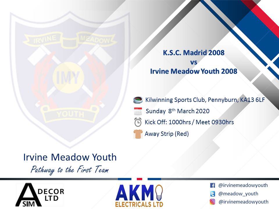meadow_youth's tweet photo. This weekend will see @2008Irvine pop to Kilwinning Sports club to Face K.S.C. Madrid.

Game will be played on grass, so screw in studs allowed. Also please note the players will be in their ‘Red Away Kit’.

#irvinemeadowyouth    #imy    #medda 
#pathwaytothefirstteam  🔵 ⚪️ 🔴 https://t.co/8pgyQUkvLF