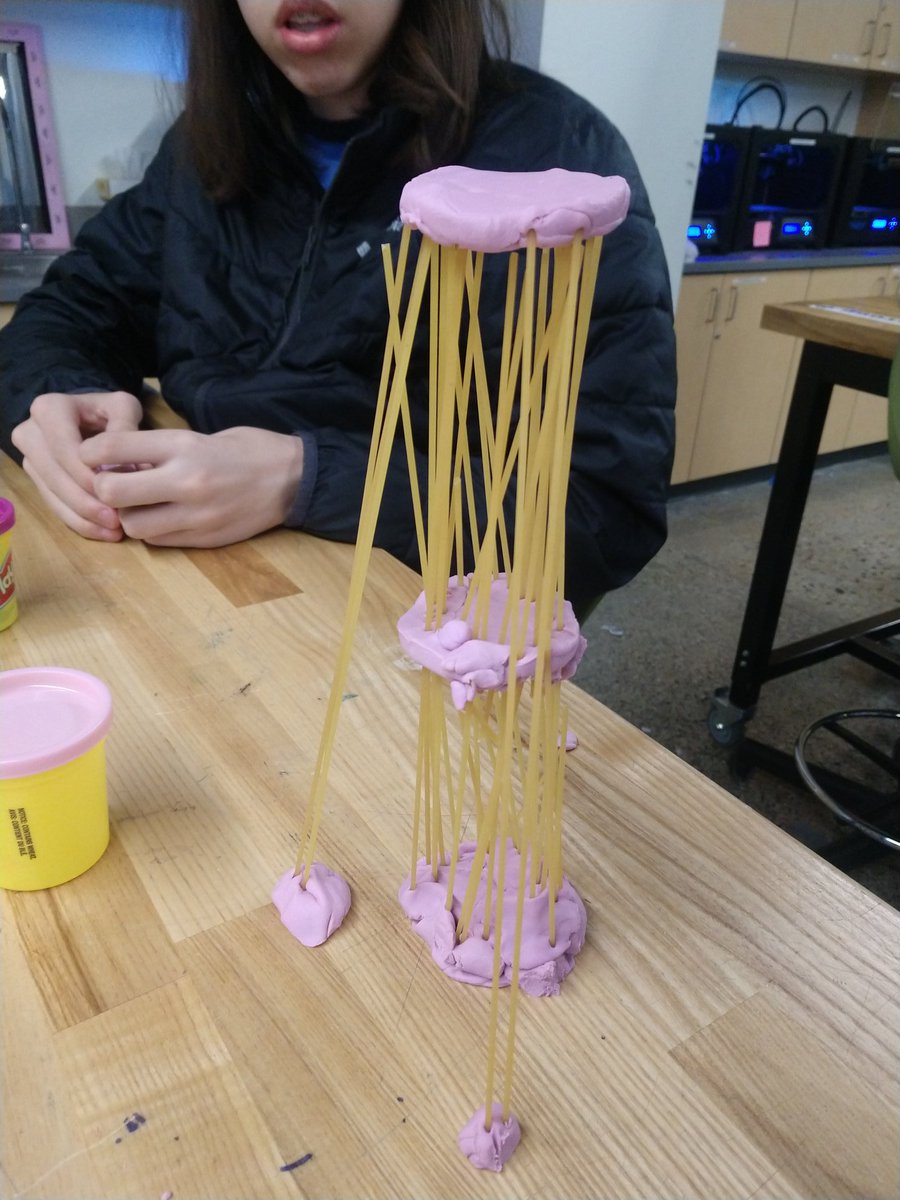 ktvance's tweet photo. First day of Advanced #engineering  in the #egrmsInnovationLab and we built towers to support a Play-Doh container using spaghetti and Play-Doh. #engineeringeducation #tensionandstress #leaningtowers #trianglesarestrong #widebase https://t.co/jabbYdHxcH