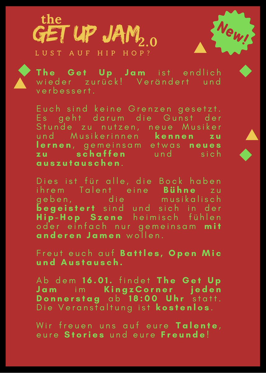 Du bist ein Rapper oder Hiphop affin und möchtest dich in Aachen und Umgebung mit anderen aus der Szene connecten?! Dann komm Donnerstag‘s bei uns in der Königstraße 46 vorbei und nimm an unserer „The Get Up Jam“ teil. Du willst einen Auftritt, kein Problem schreib uns einfach!