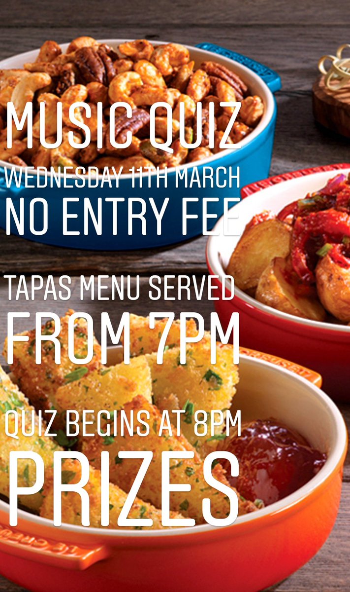 ScottAndWilson1's tweet photo. Our first #music #quiz night will be Wednesday 11th March. No entry charge and the first place team will receive a graze board and bottle of house wine. 

#tapas served from 7pm - any 4 dishes and 2 drinks for £21.95

Quiz starts at 8pm

See you there!

#PubQuiz #quizzyrascal https://t.co/DpPGvUmpfc