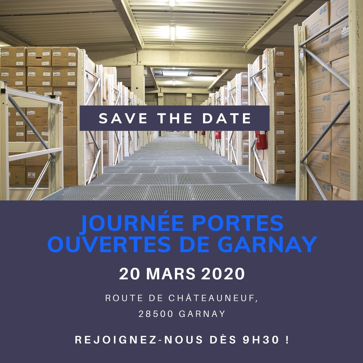 ARCHIVECO's tweet photo. N'attendez plus pour vous inscrire à notre JPO du 20 mars prochain à Garnay. L'occasion pour vous découvrir notre savoir-faire en matière d'archivage physique ! 
https://t.co/e3mCrrdvop https://t.co/dV64OAuLDY