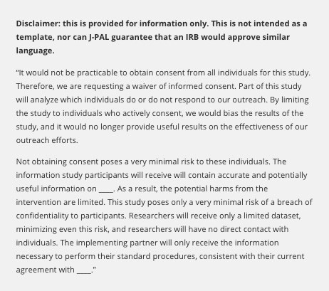 JPAL_NA's tweet photo. Many randomized evaluations require individual informed consent.
In specific cases with minimal risk, the IRB may approve to waive informed consent.
Our #EvaluationToolkit has example language submitted to the IRB to waive informed consent.
https://t.co/GIAbz2Lx9D https://t.co/VVf4bLZhhm