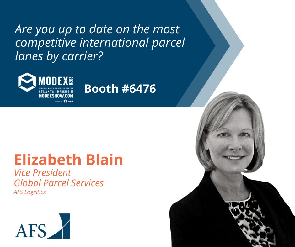 AFS_Shipping's tweet image. AFS VP of Global Parcel Services, Elizabeth Blain, will be at ModeX Tuesday, Wednesday and Thursday next week to answer all your questions. Stop by booth 6476 to speak with Elizabeth and learn how AFS Logistics can help you achieve carrier and rate optimization. #ModeX2020