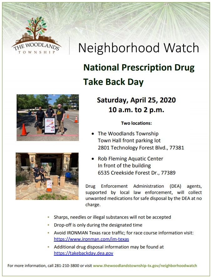 GrogansMill's tweet photo. Unwanted medicines at home?
National Prescription Drug Take Back Day
DEA agents, supported by local law enforcement, will collect unwanted medications for safe disposal at no charge.
Saturday, April 25, 2020
10 a.m. to 2 p.m.
The Woodlands Township and Rob Fleming Aquatic Center https://t.co/0EqbfQTUxW