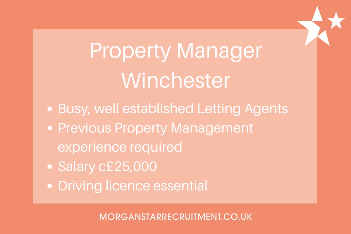 MorganStarRec's tweet photo. Experienced Property Manager required to join a leading Lettings office in Winchester. 

Competitive salary, no weekend working and great team environment. 

For more info please call Tom on 01293 408733. 

#PropertyJobs https://t.co/cJDsvI0aJs